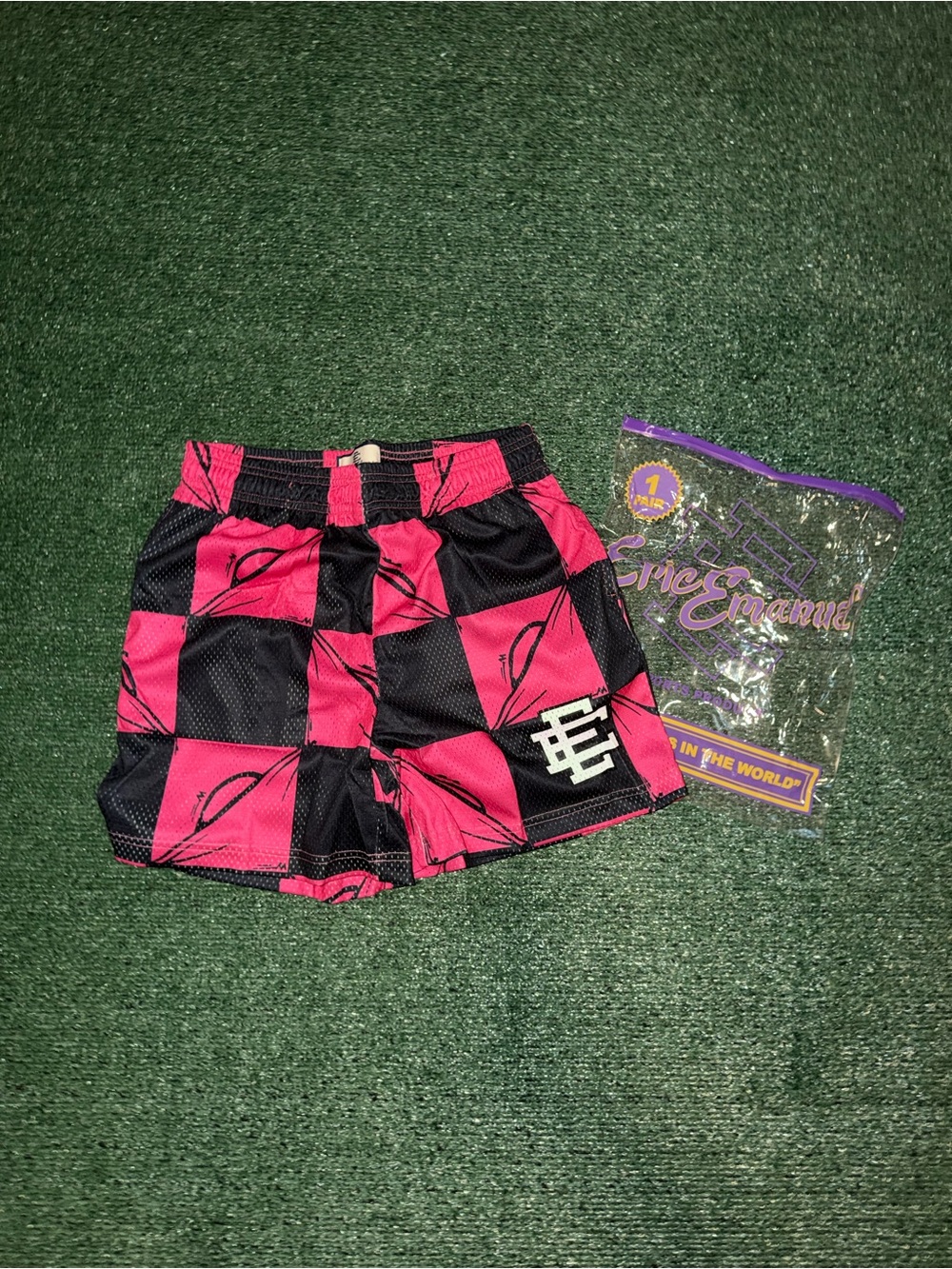 Eric Emanuel Pink and Black Checker Athletic Shorts